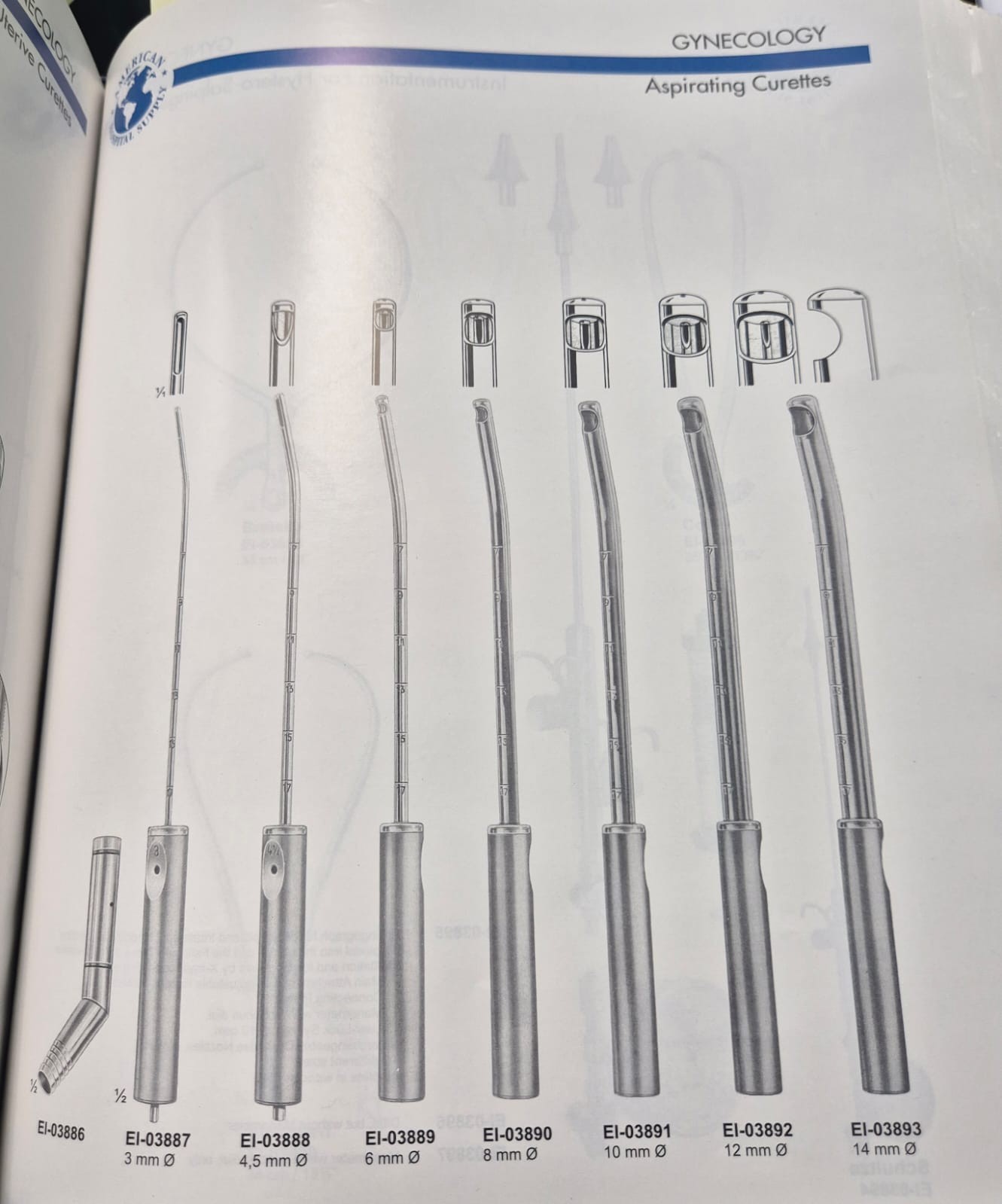 Aspirating curette 3mm 4.5mm 6mm 8mm 10mm 12mm 14mm set of 7 pieces with DT size