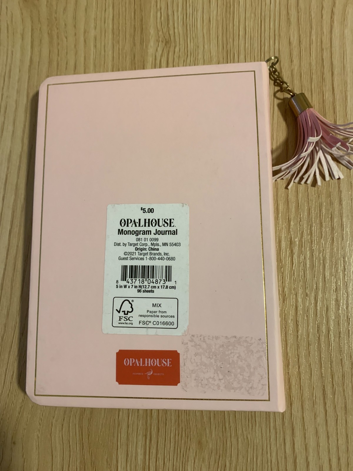 Opal house Monogram Journal K with Tassel, Pink, 5×7 , 96 Sheets, New