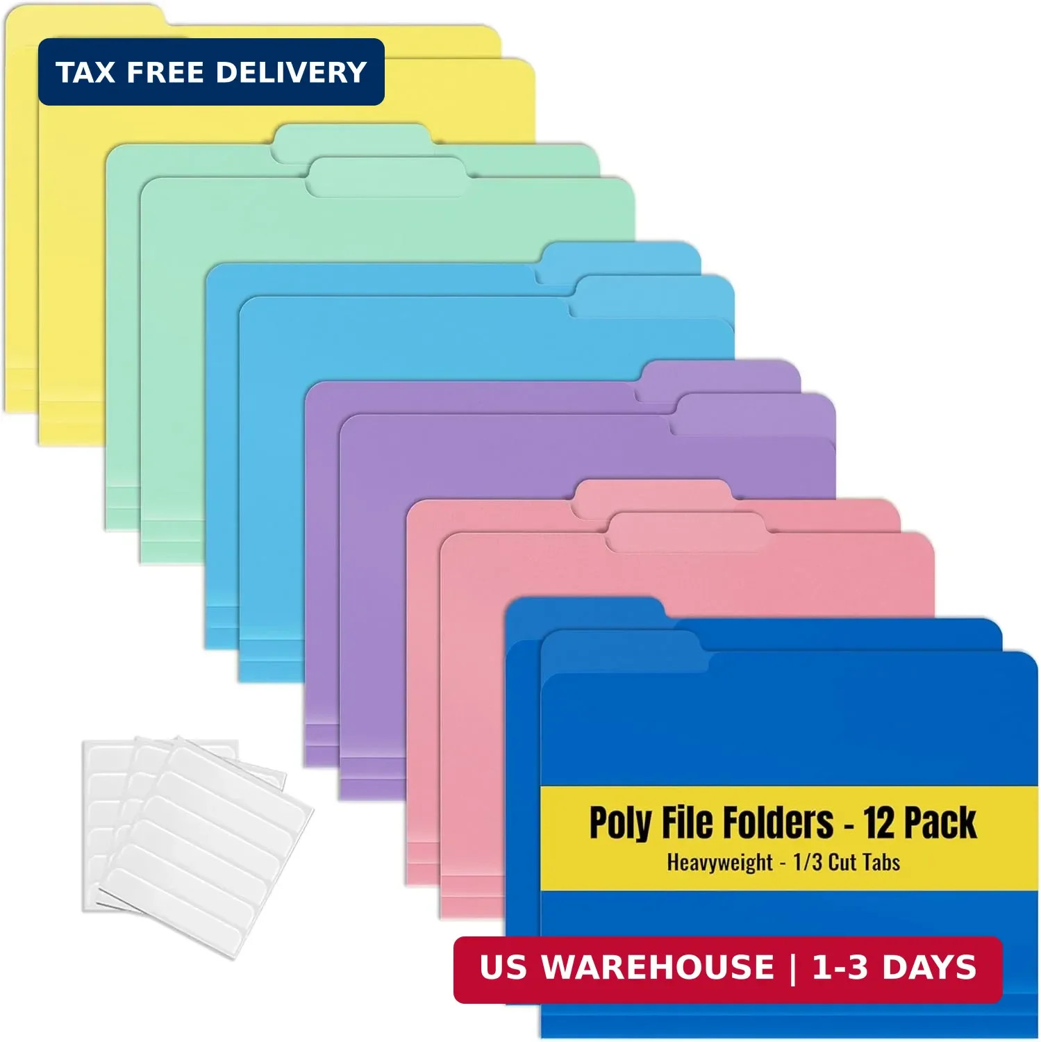 Better Office Products Heavyweight Poly Folders File, 1/3 Cut Tabs, 12 Pack, Ass