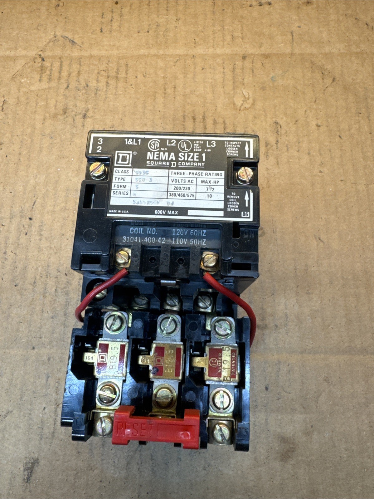 Square D 8536-SCO-3 NEMA Size 1 Motor Starter 120V Coil
