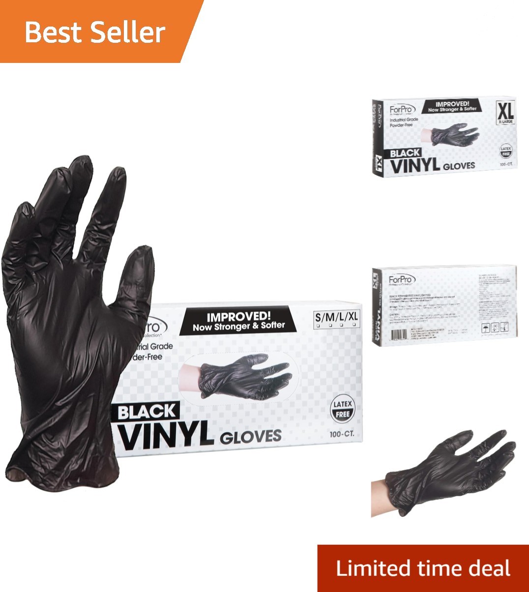 ForPro Black Disposable Vinyl Gloves – Industrial Grade, X-Large, 100-Count