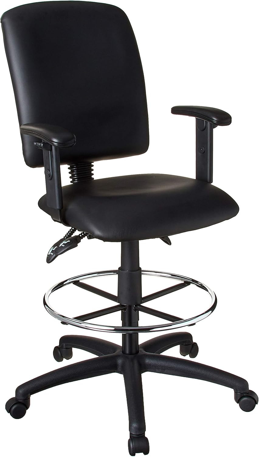 Ergonomic Black Leatherplus Drafting Stool with Adjustable Arms