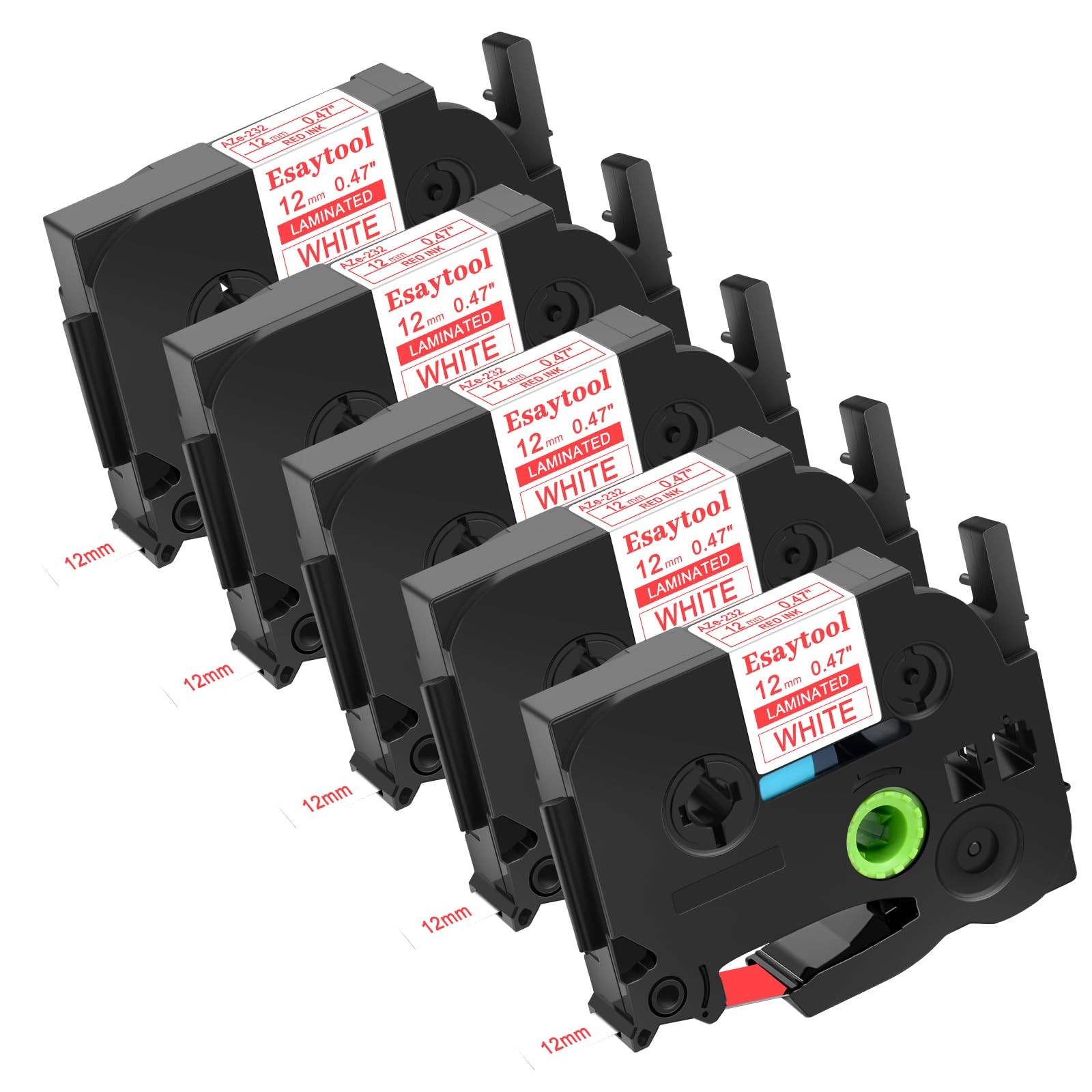 5 Pack Replacement For PTouch TZe232 12mm 0.47 Inch Red Text On White Tape