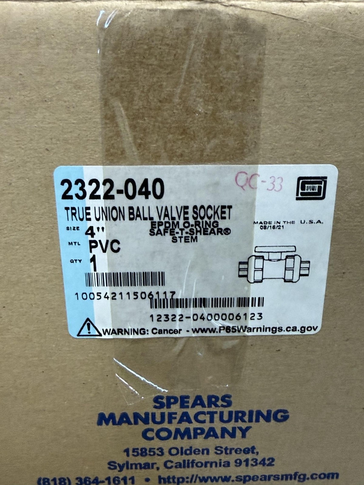 Spears 2322-040 True Union Ball Valve 4 In IPS PVC Socket 150 PSI Water EPDM USA