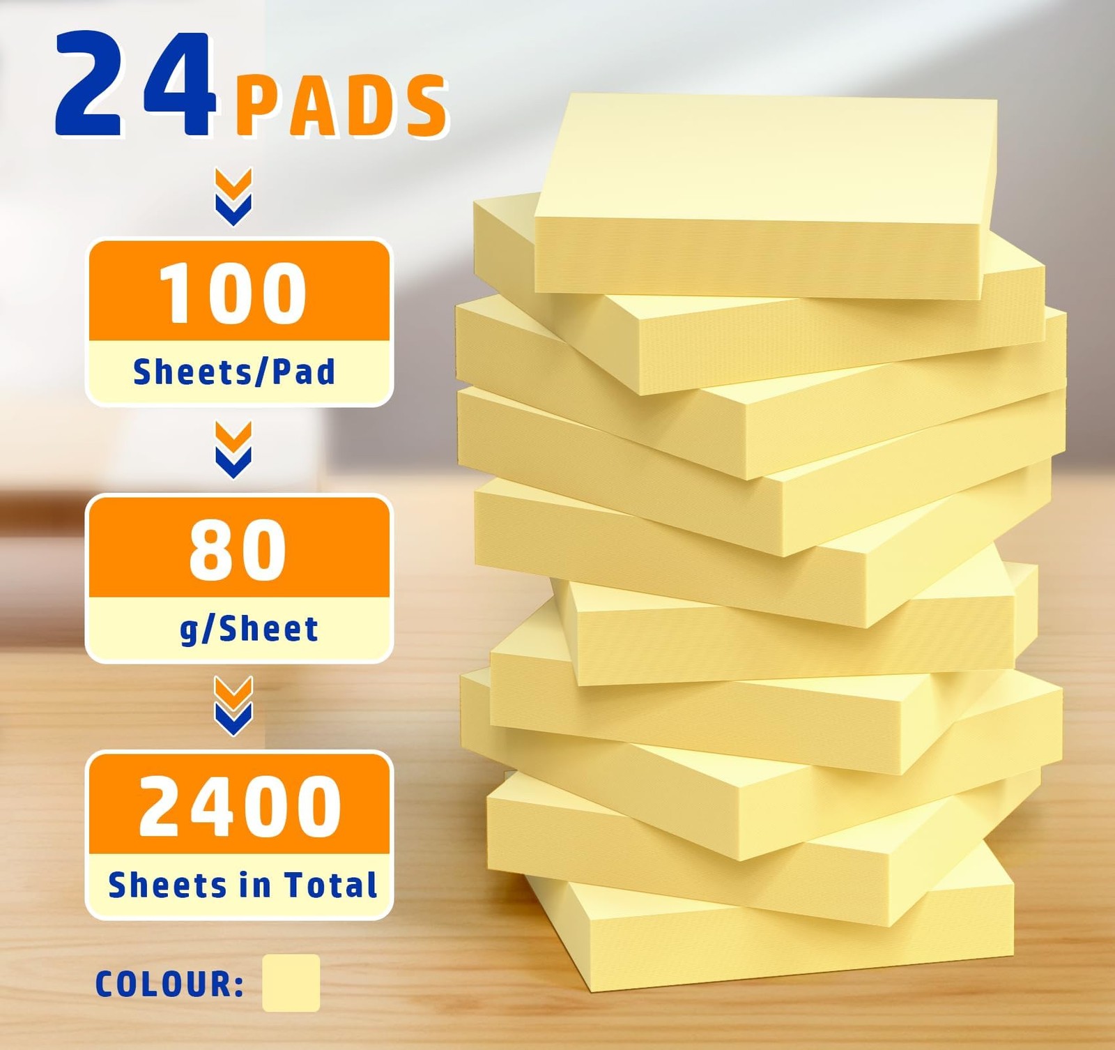 3x3in Sticky Notes Yellow,100 Sheets/Pad, 2X Sticking 76x76mm, Yellow-24 Pack