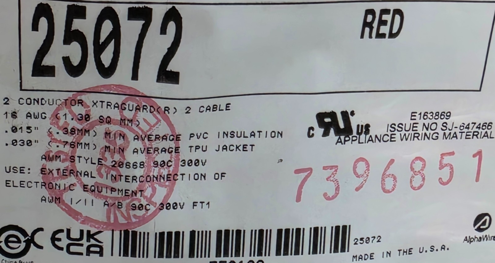 Alpha Wire 25072 16/2C XtraGuard 2 Harsh Environment PUR Control Cable Red/10ft