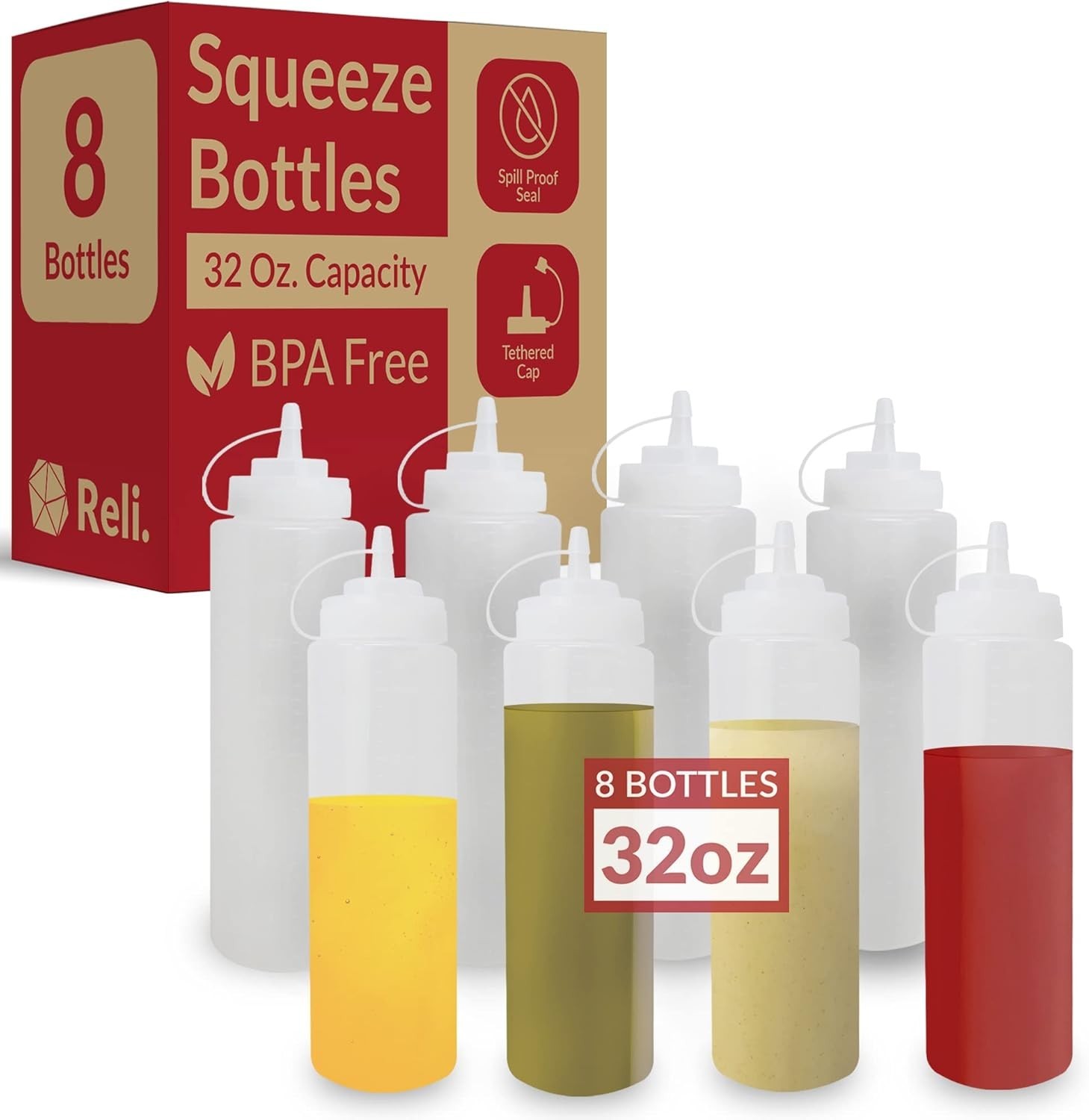 Plastic Squeeze Bottles, 32 oz. | 8 Pack | Condiment Squeeze Bottles for Sauc…