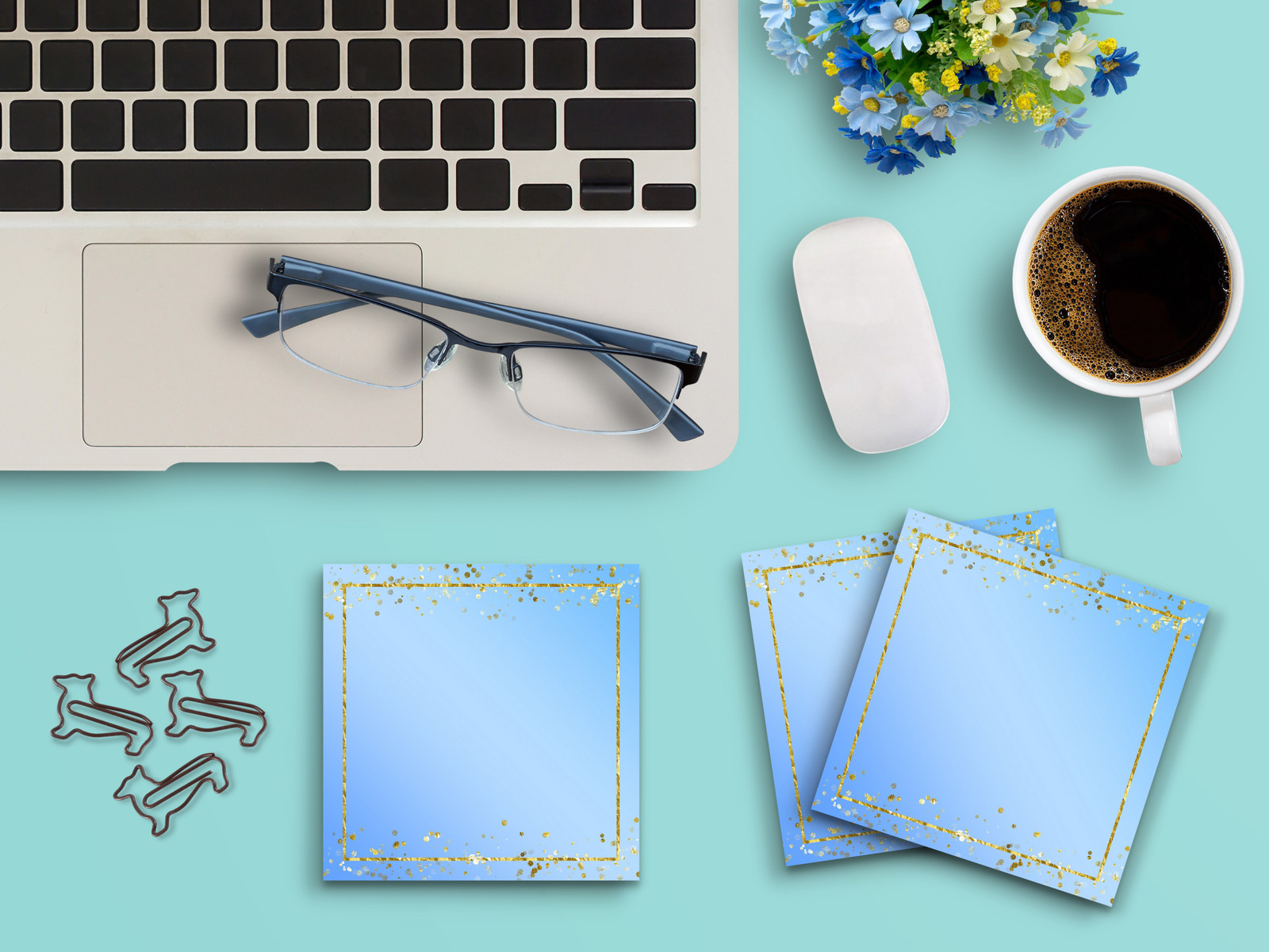 Sticky Notes 3 Pack 3″x3″ 50ct Light Blue Gold Glitter Border Elegant Design