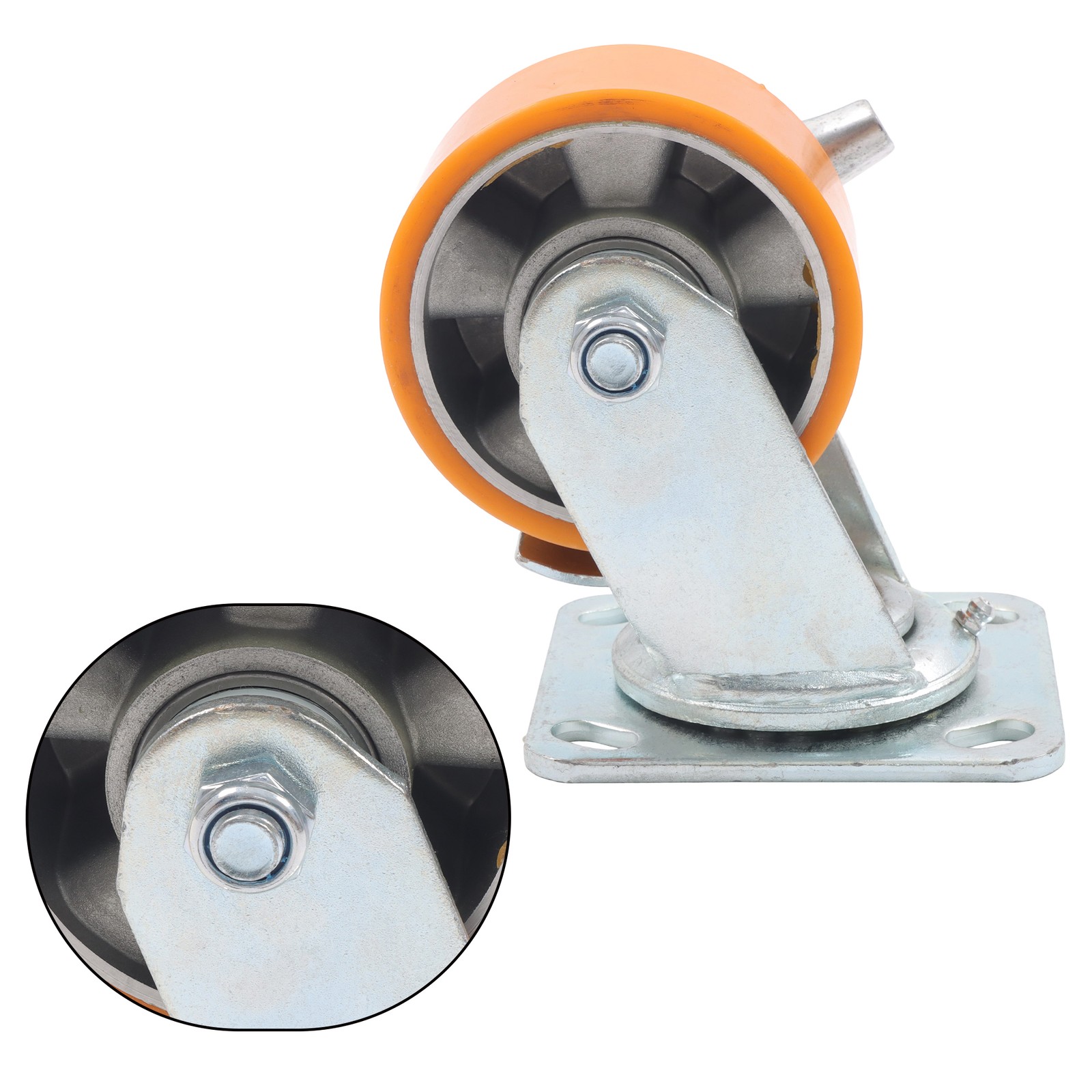 4″ Side Brake Polyurethane Plate Casters, 3200 Pounds, Silver + Qrange, 4 Pieces