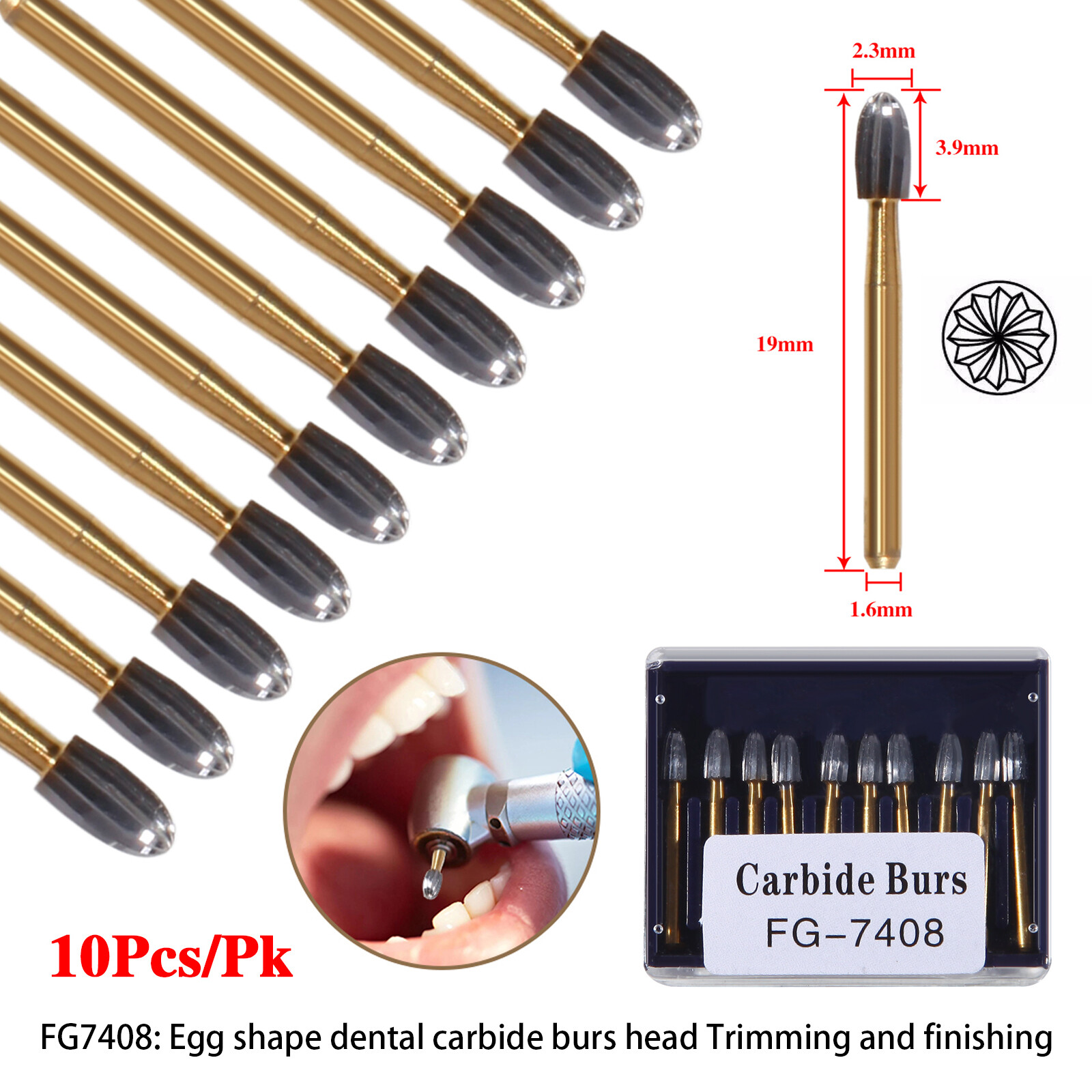 10Pcs Dental Tungsten Carbide Burs Trimming & Finishing FG7408 19mm Egg shape SA