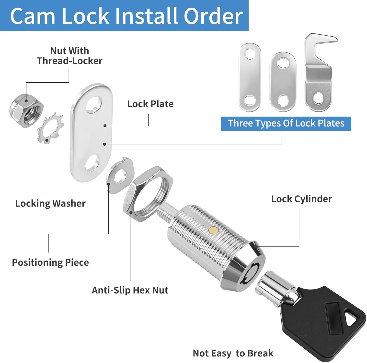 Black Toolbox Lock with Keys Keyed Alike Tubular Cam Lock 0.83in Chrome