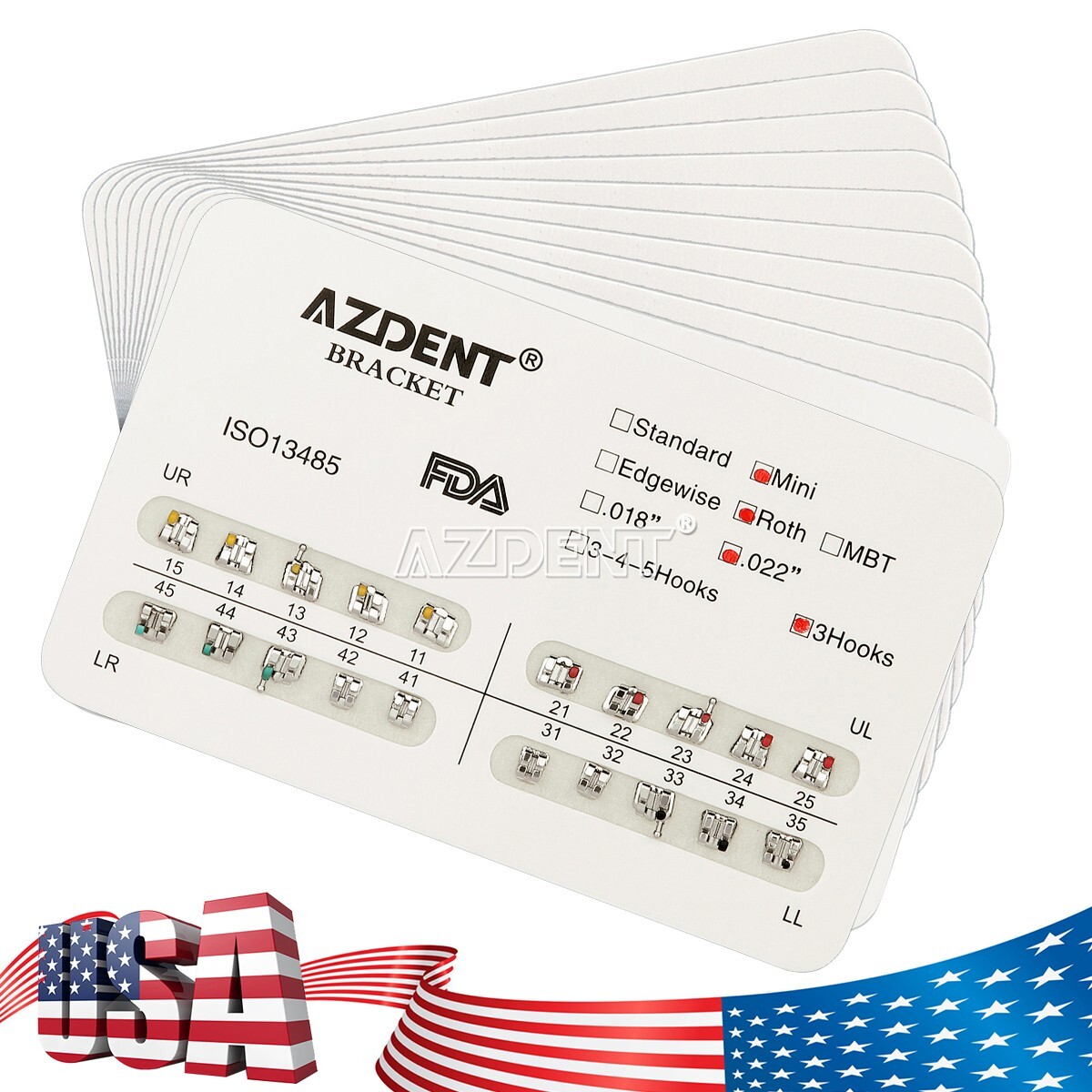 10 X Dental Orthodontics Brackets Braces Mini Roth Slot 0.022 Hooks 3 AZDENT