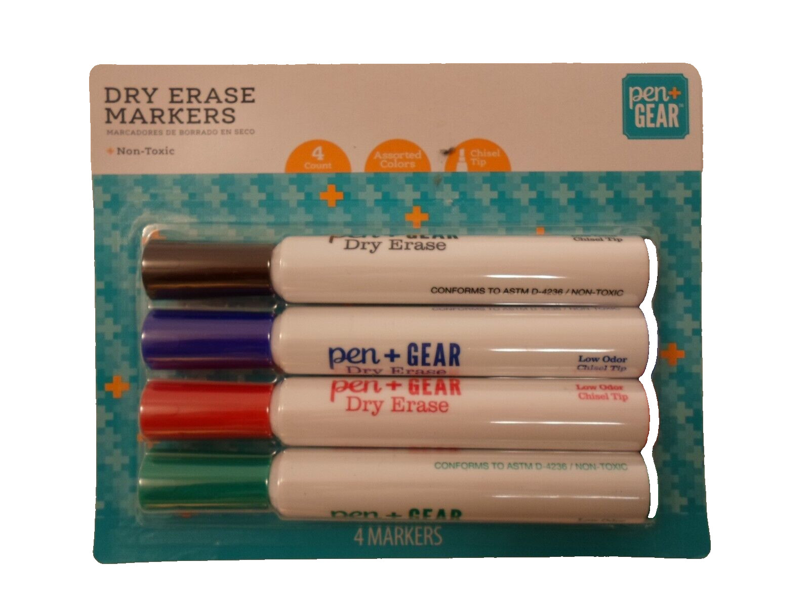 Pen + Gear Dry Erase Markers Chisel Tip 4 Count Colors Black Blue Green Red