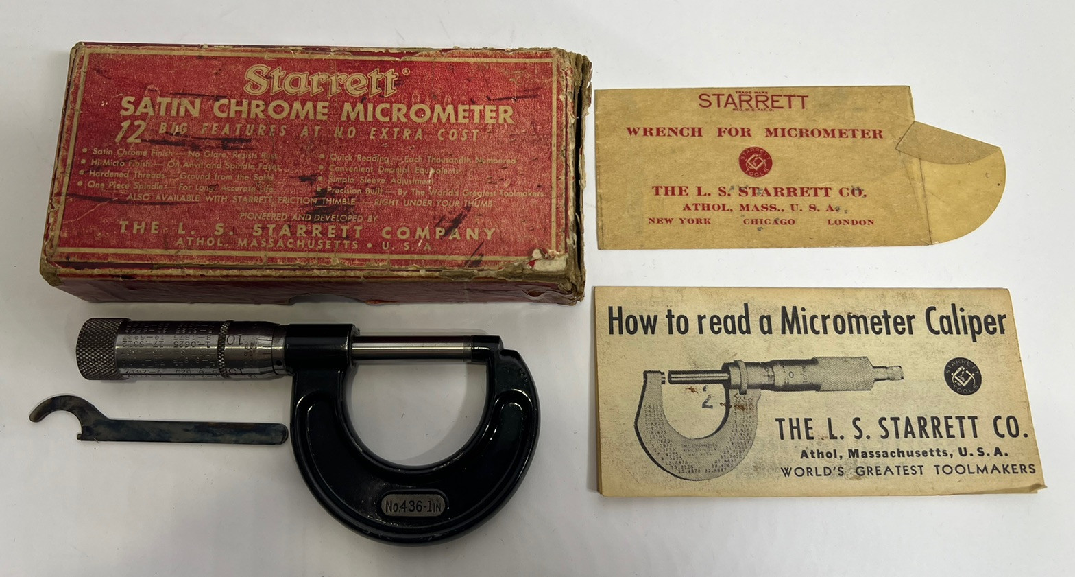 Vintage Starrett Satin Chrome Micrometer No. 436 – 1 Inch w/ Certificate & Tool