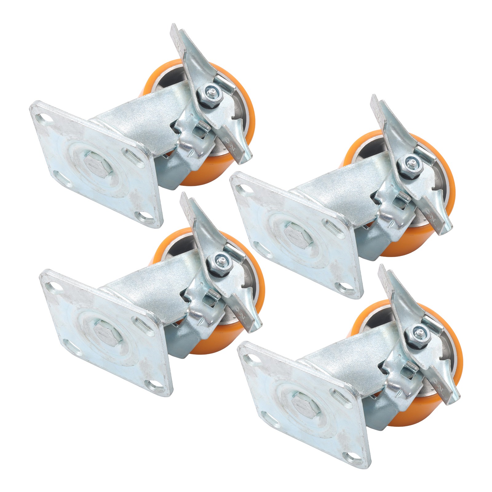 4″ Side Brake Polyurethane Plate Casters, 3200 Pounds, Silver + Qrange, 4 Pieces