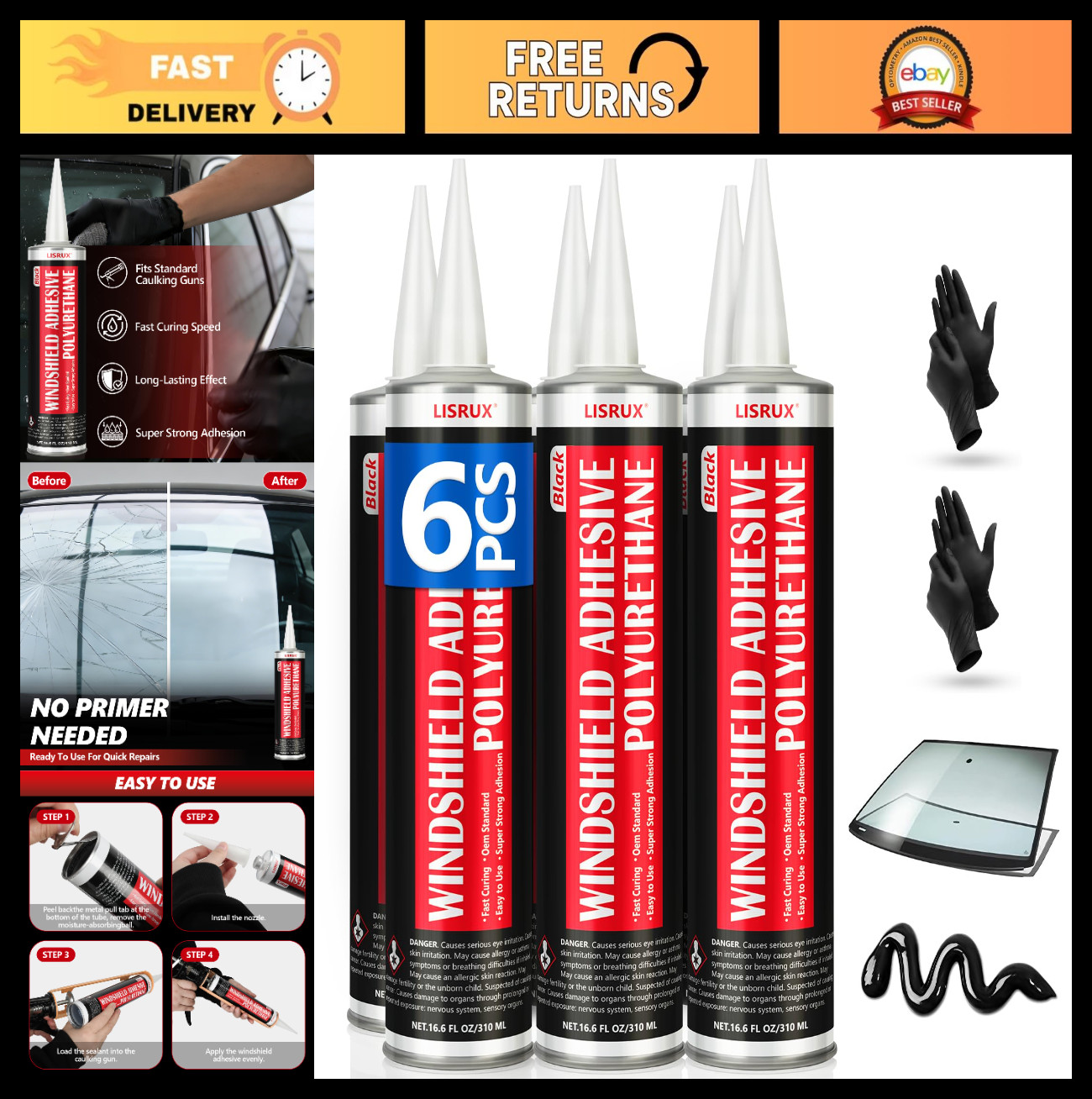 6 Pack Windshield Adhesive Sealant – High Bond, Quick Cure, Weather Resistant Gl