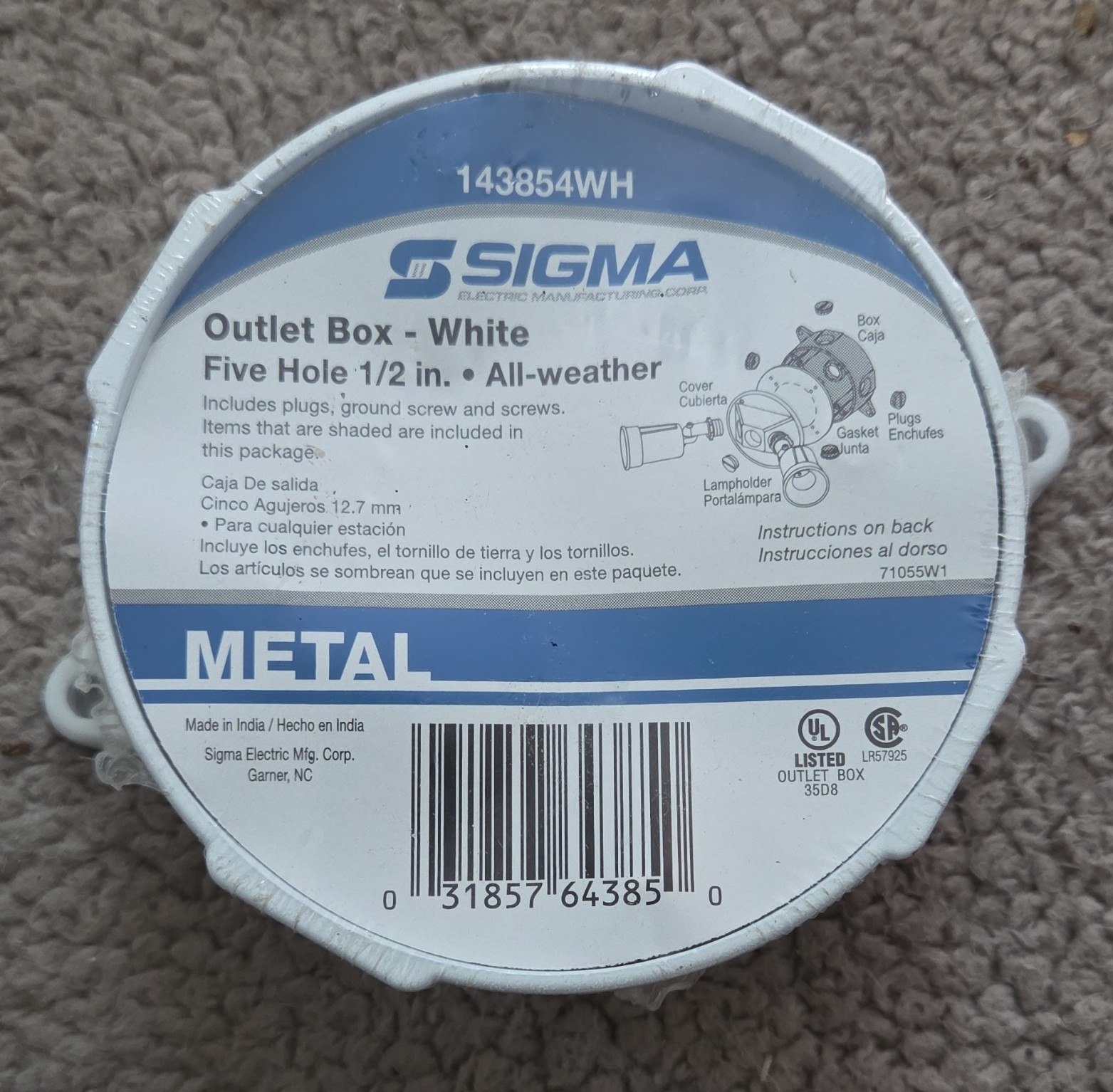 Sigma 143854WH All-Weather Round White Metal Outlet Box 5-Hole 1/2 in