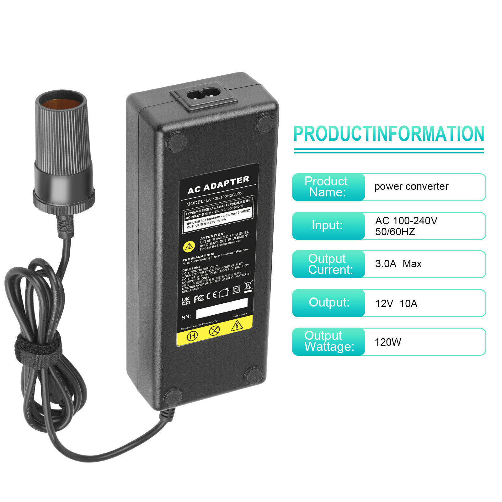 AC to DC Converter 120V to 12V 10A 120W Car Cigarette Lighter Adapter Charger
