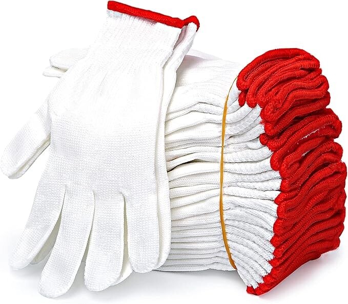 12 Pairs White Cotton Work Gloves, Reusable, Red Knit Wrist for Work & Gardening