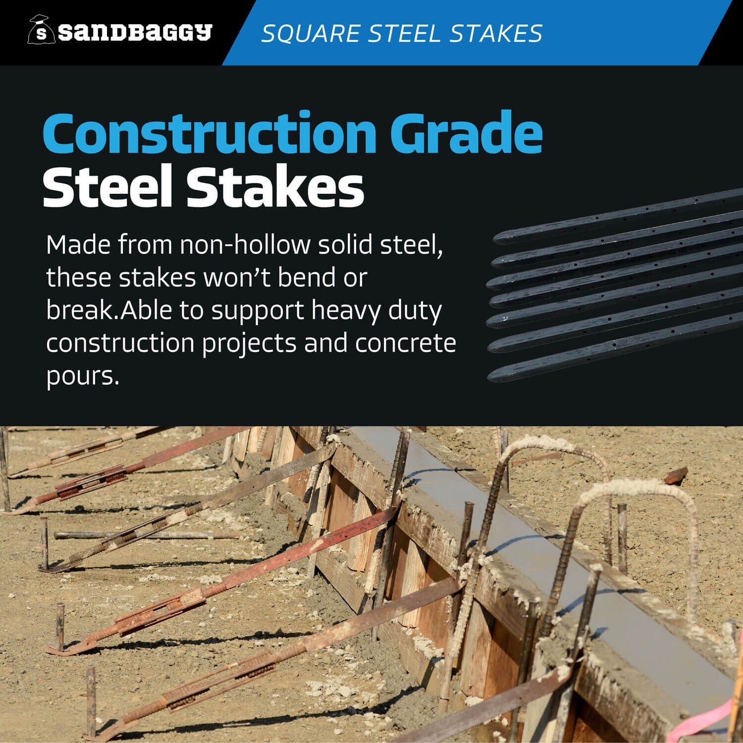 Sandbaggy 5/8″ x 18″ Square Steel Concrete Form Stakes w/ Nail Holes – Rebar Pin