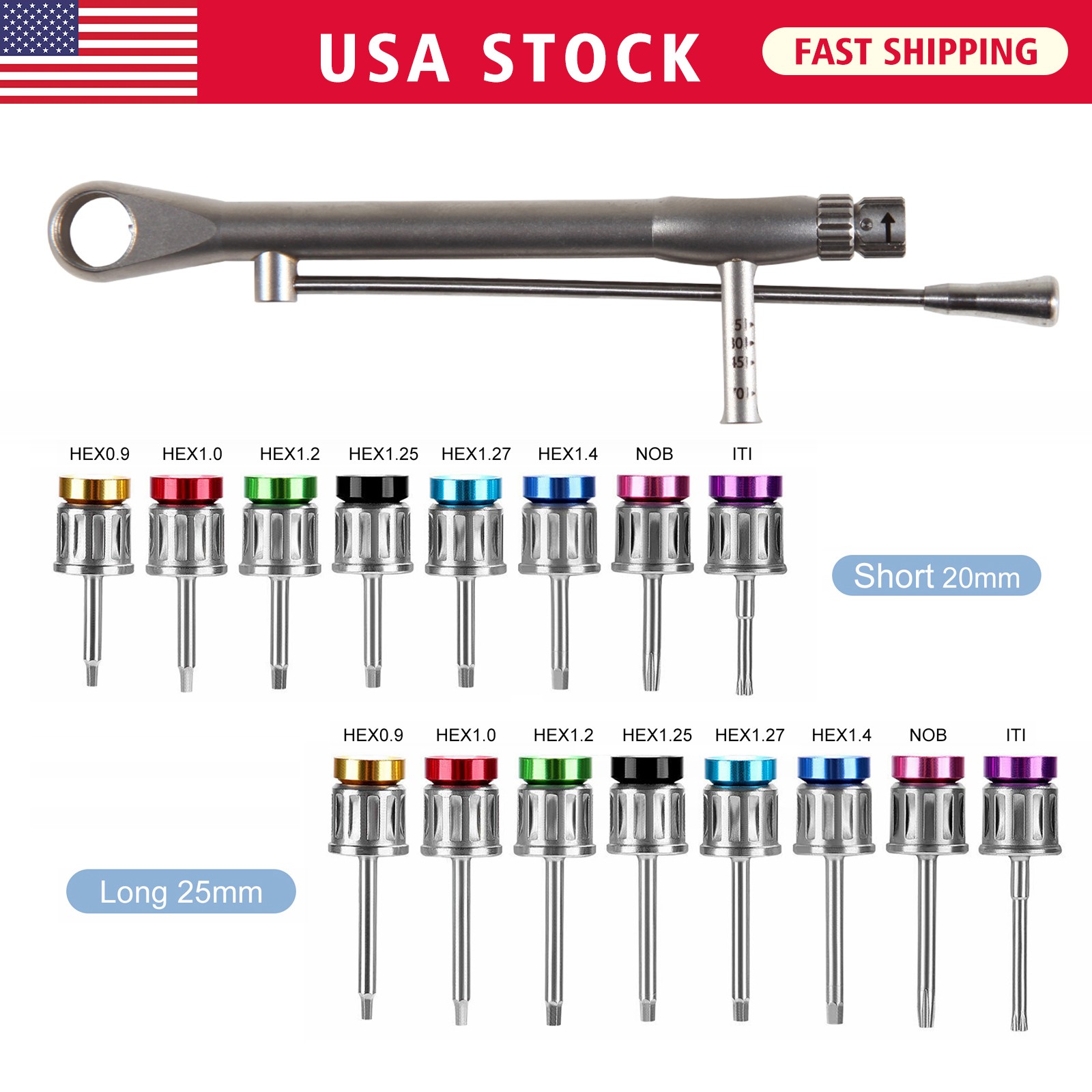 Dental Universal Implant Kit Abutment Hand Driver Hex Screwdriver Long+Short US