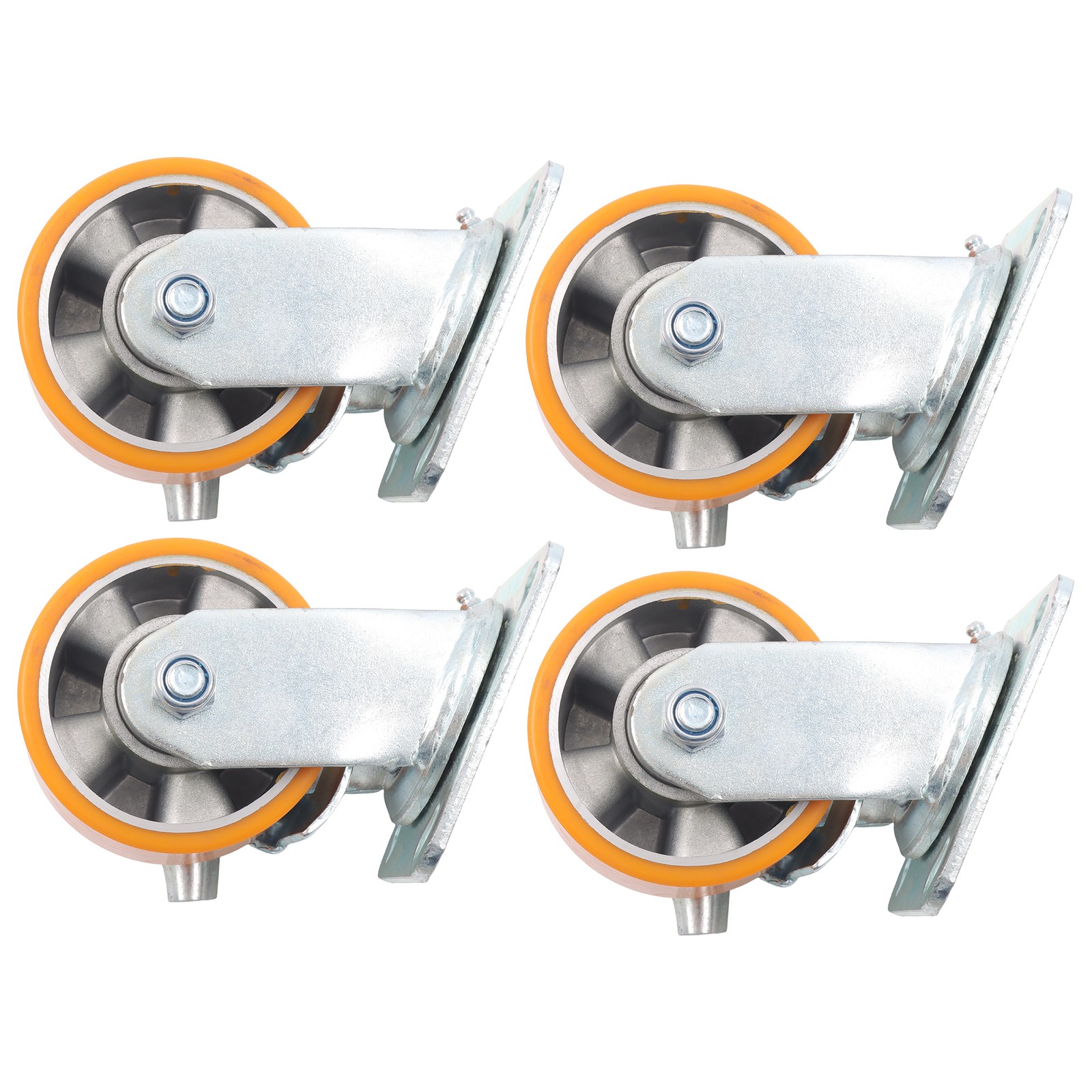 4″ Side Brake Polyurethane Plate Casters, 3200 Pounds, Silver + Qrange, 4 Pieces