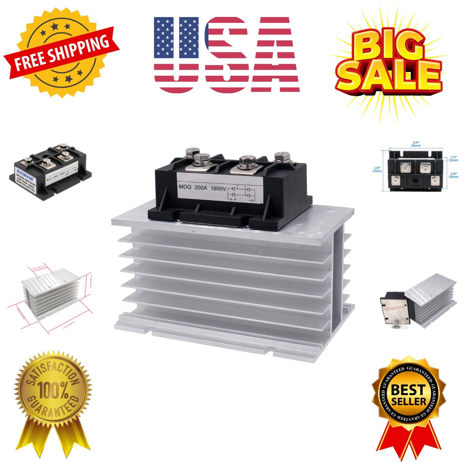 Single Phase Diode Bridge Rectifier MDQ-200A, 200A 1600V, 4 Terminal Full Wav…