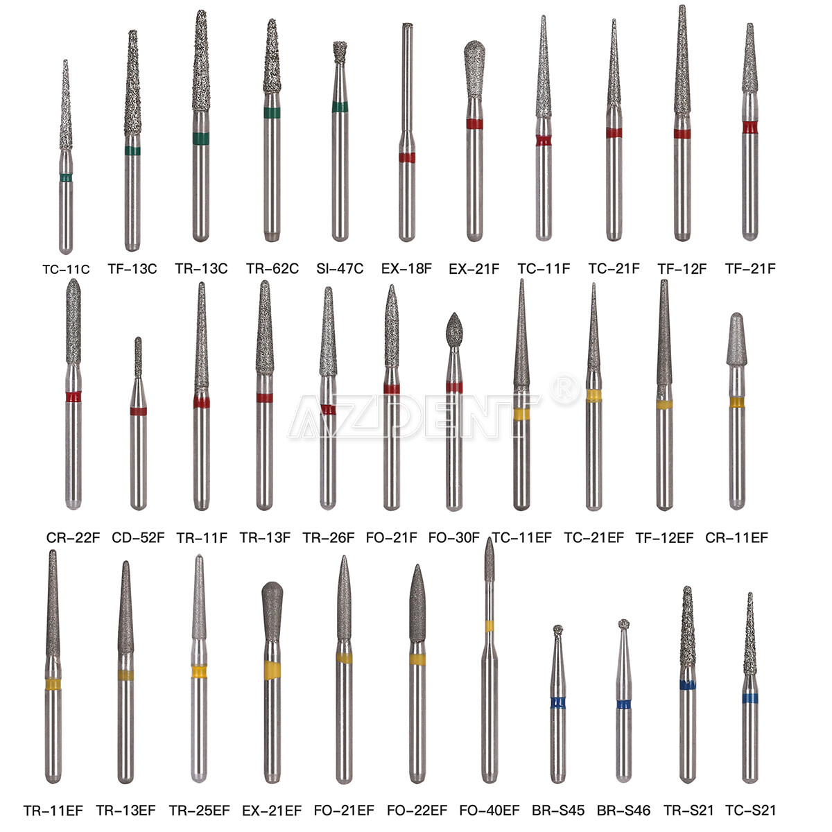 100 Types AZDENT Dental FG Diamond Burs For High Speed Handpiece Friction Grip