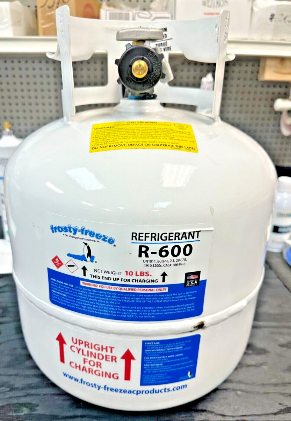 R600a, Isobutane, 10 Lb. Can, Factory Sealed, Cylinder, On/Off Valve 1/4″MF