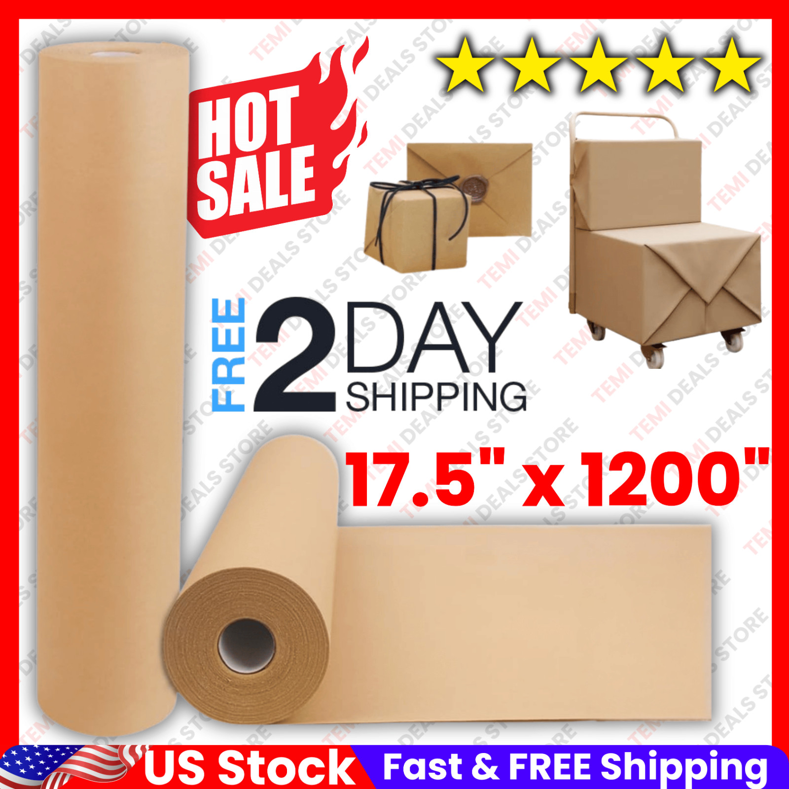 17.5″ x 1200” Brown Kraft Paper 70gsm Basis Thick Roll Packaging Shipping NEW**