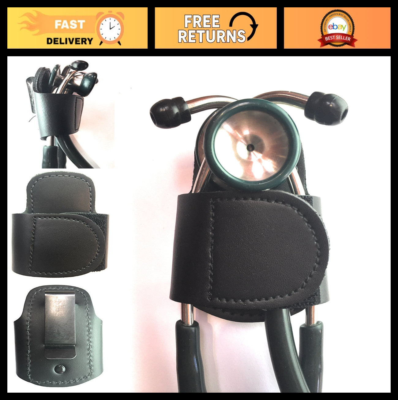 Handmade Black Leather Stethoscope Holster | Durable Hip Clip | No Neck Carrying
