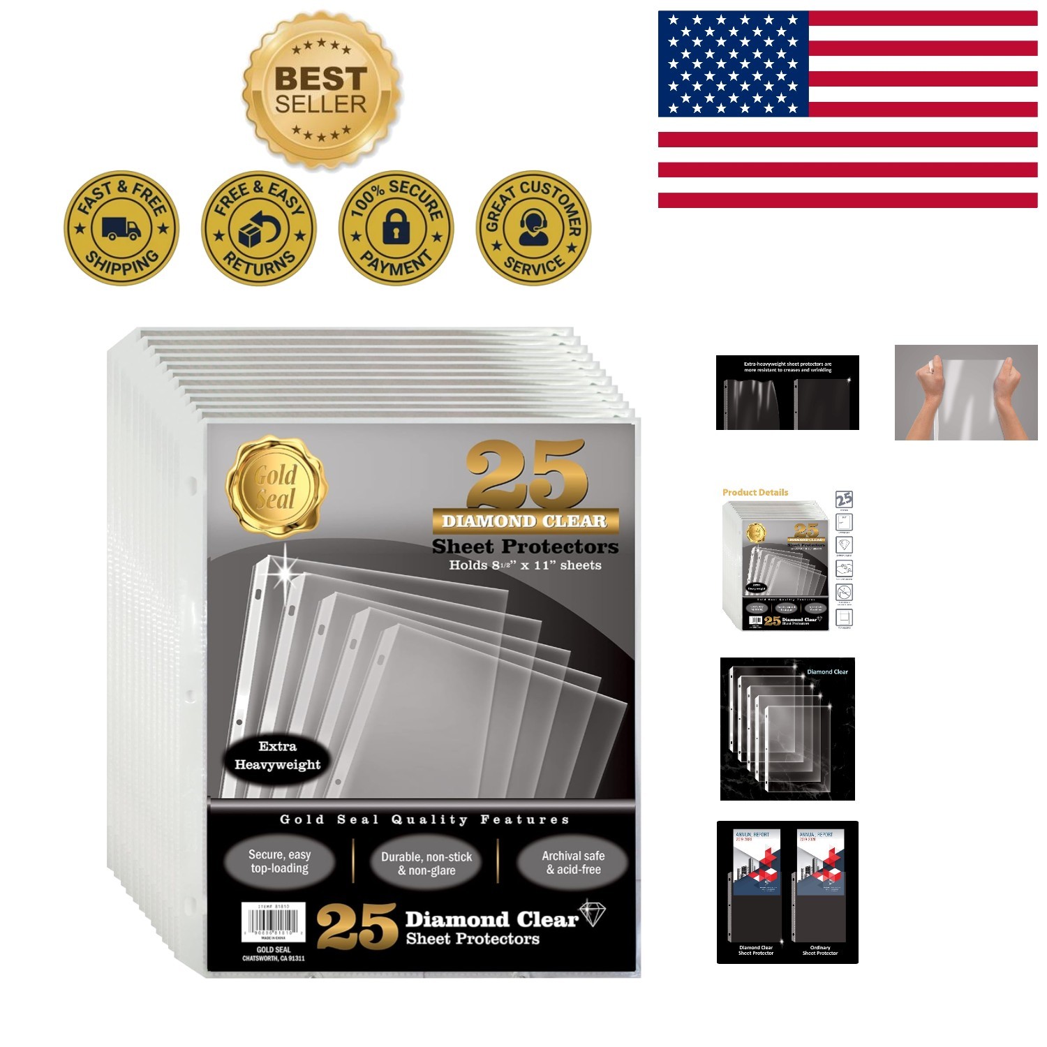 Archival Safe 25 Pack Heavyweight Clear Sheet Protectors – 4 mil, 3-Hole Punched