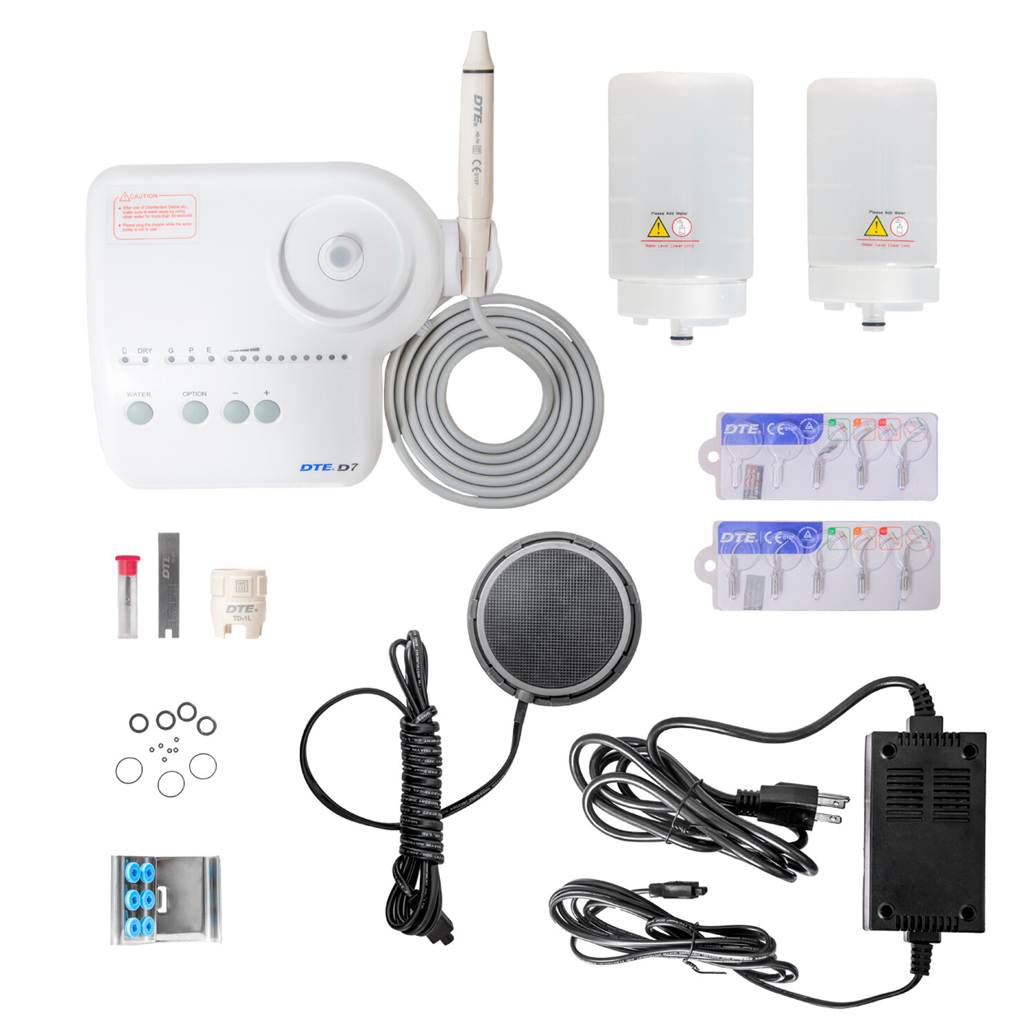 Woodpecker DTE D7 Ultrasonic Scaler Piezo HD-7H Handpiece 8 Tips 2 Water Bottles