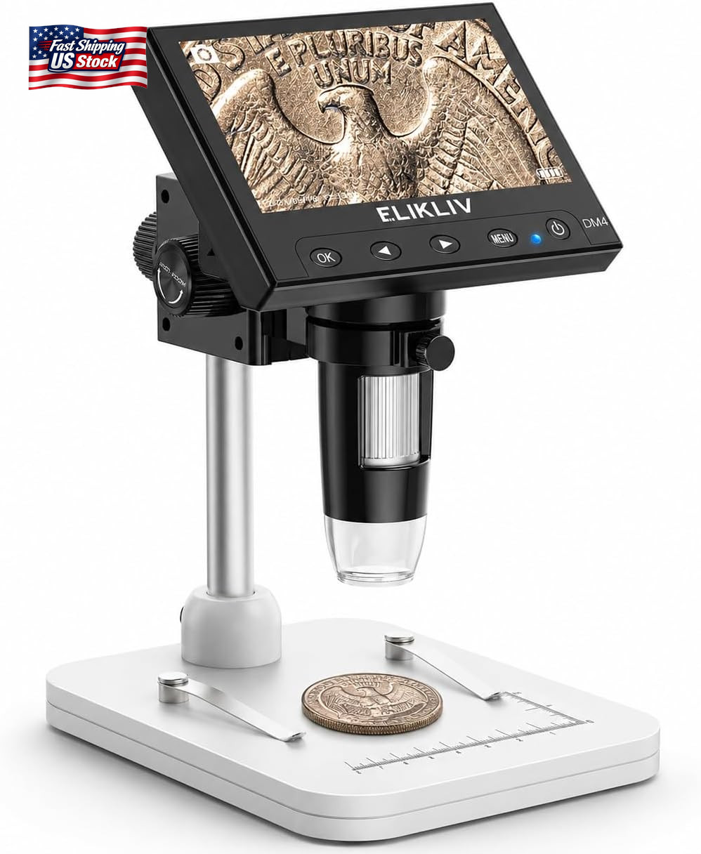 Elikliv Microscope, LCD Digital Coin Microscope 1000X, Coin Magnifier with 8 Adj