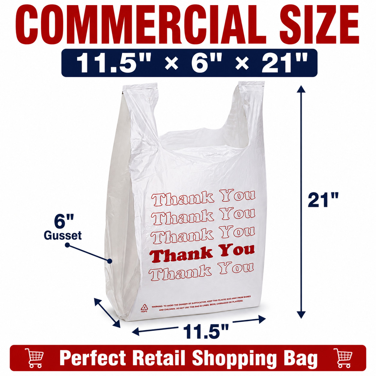 White Thank You Plastic Bags 11.5x6x21 0.48 Mil HDPE Retail Shopping Bags