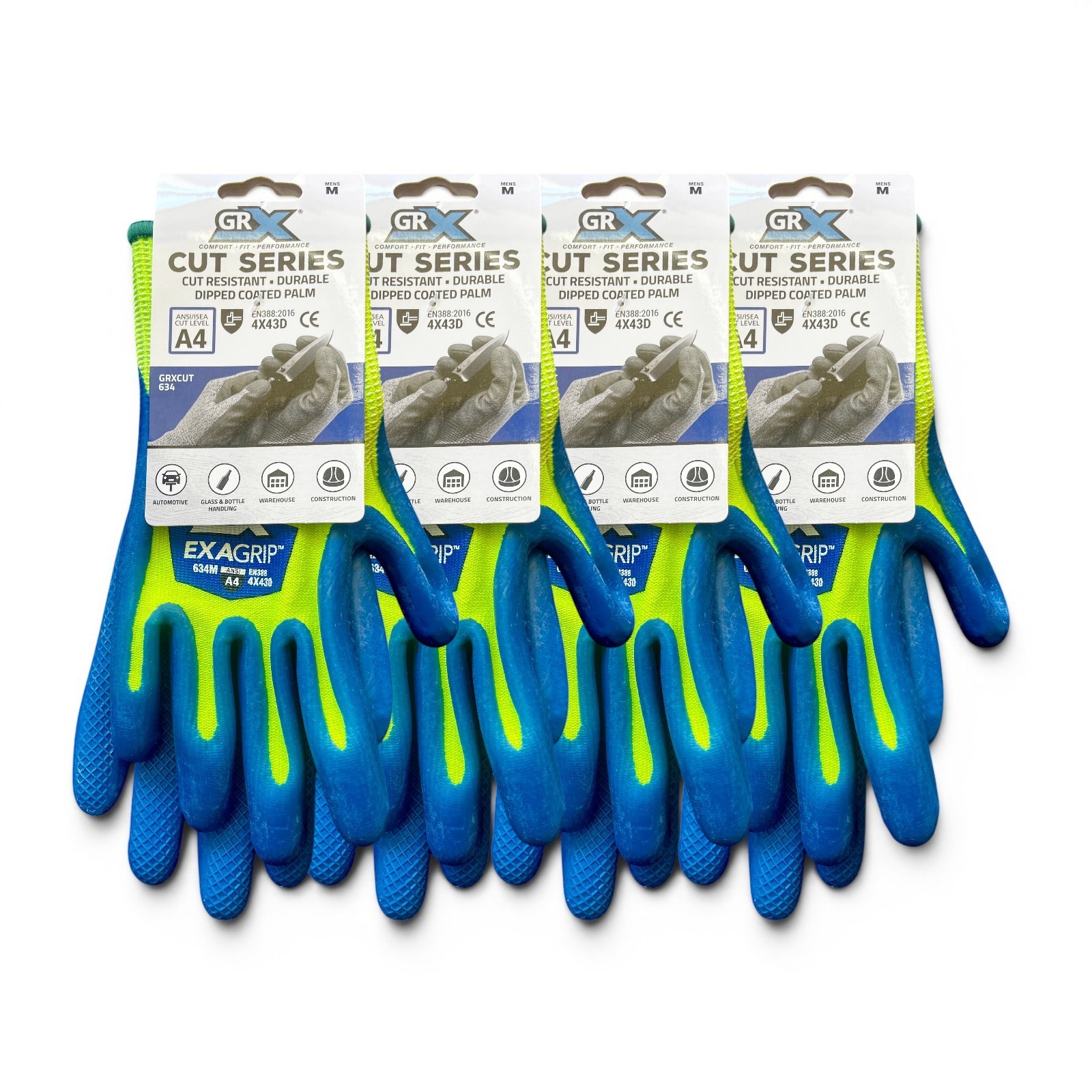 (4 Pack) GRX Cut Series Mens Gloves Size Med Cut Level A4 Dipped Coated Palm GRX
