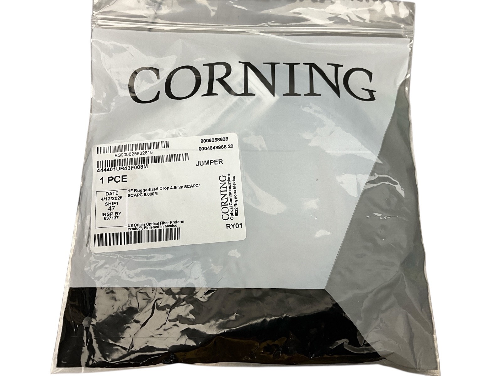 CORNING 1F Ruggedized Drop Fiber Optic Jumper SCAPC/SCAPC 8.000M 444401UR43F008M