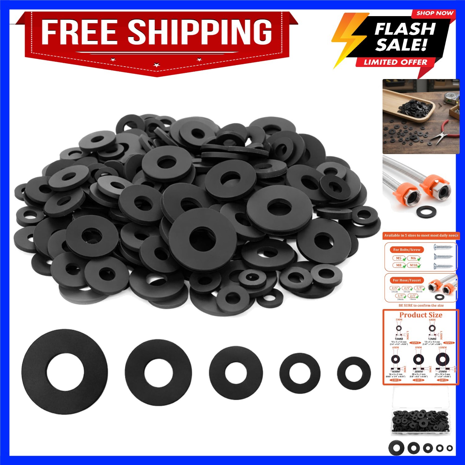 200 PCS Black Rubber Gasket, 10/12/16/20/25mm Flat Rubber Washers Assortment …