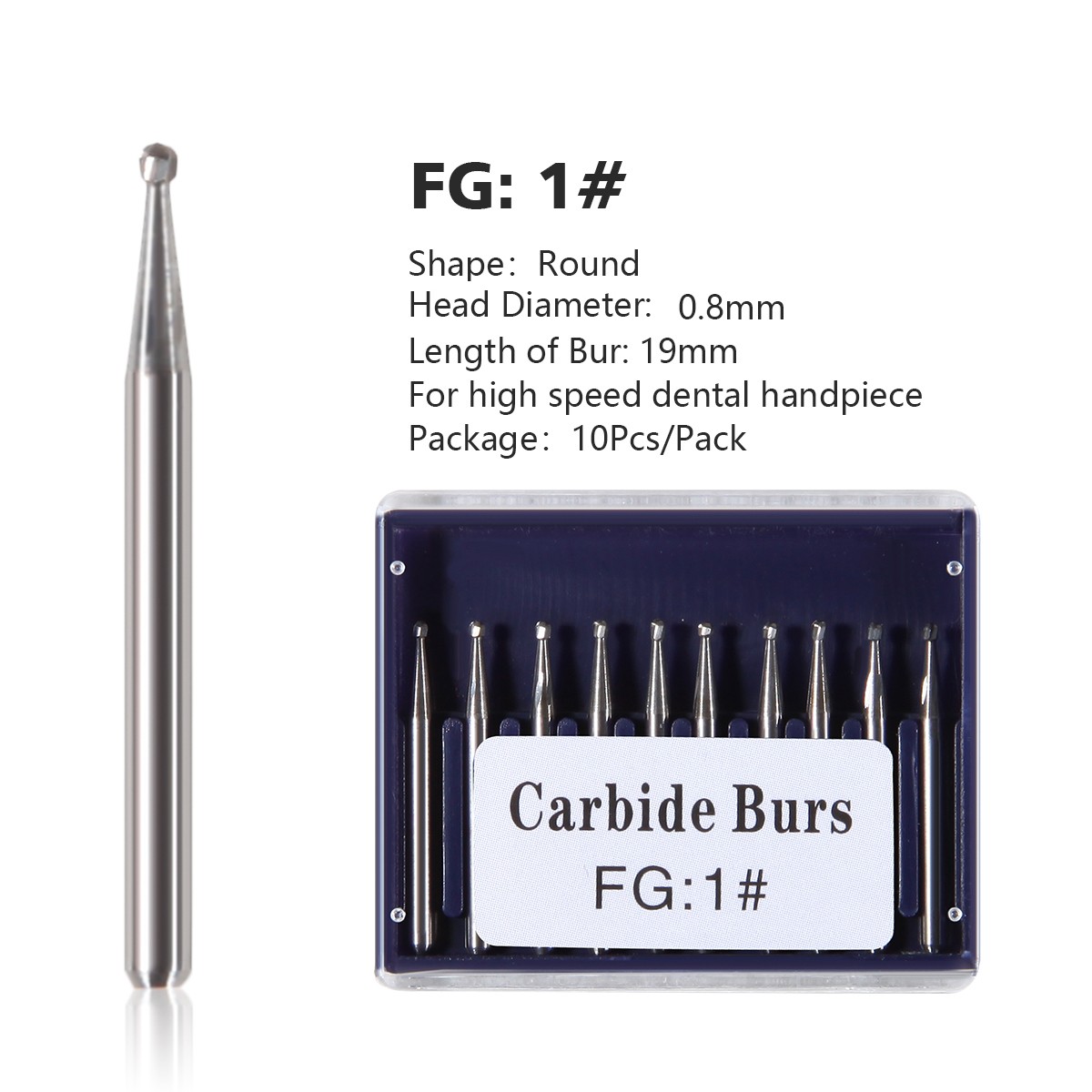 10 FG 1 Round Carbide Dental Burs High Speed Handpiece Friction Grip Drill Bits