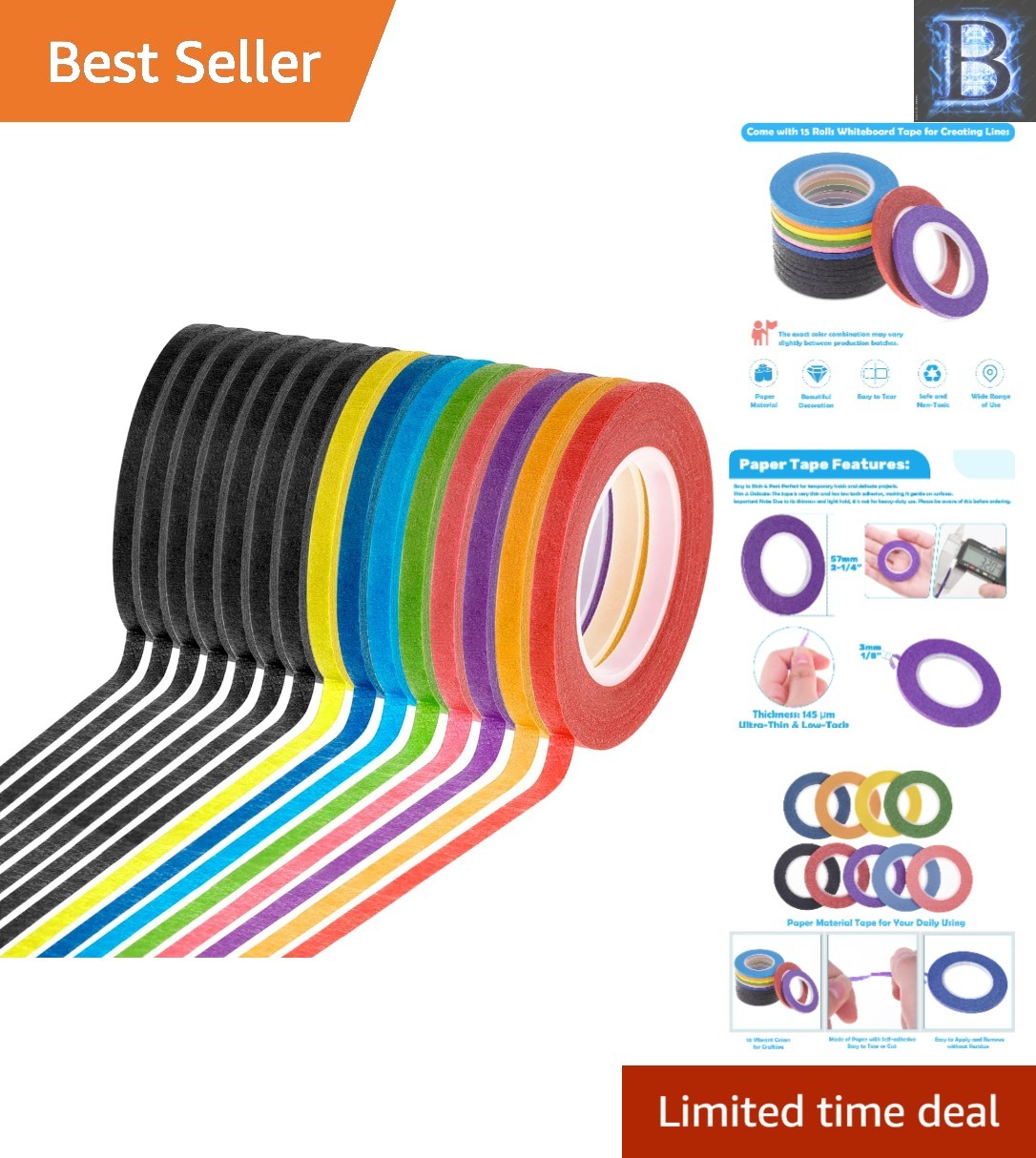 15 Rolls of Precision 1/8 Inch Whiteboard Tape – Low-Tack Assorted Color Set