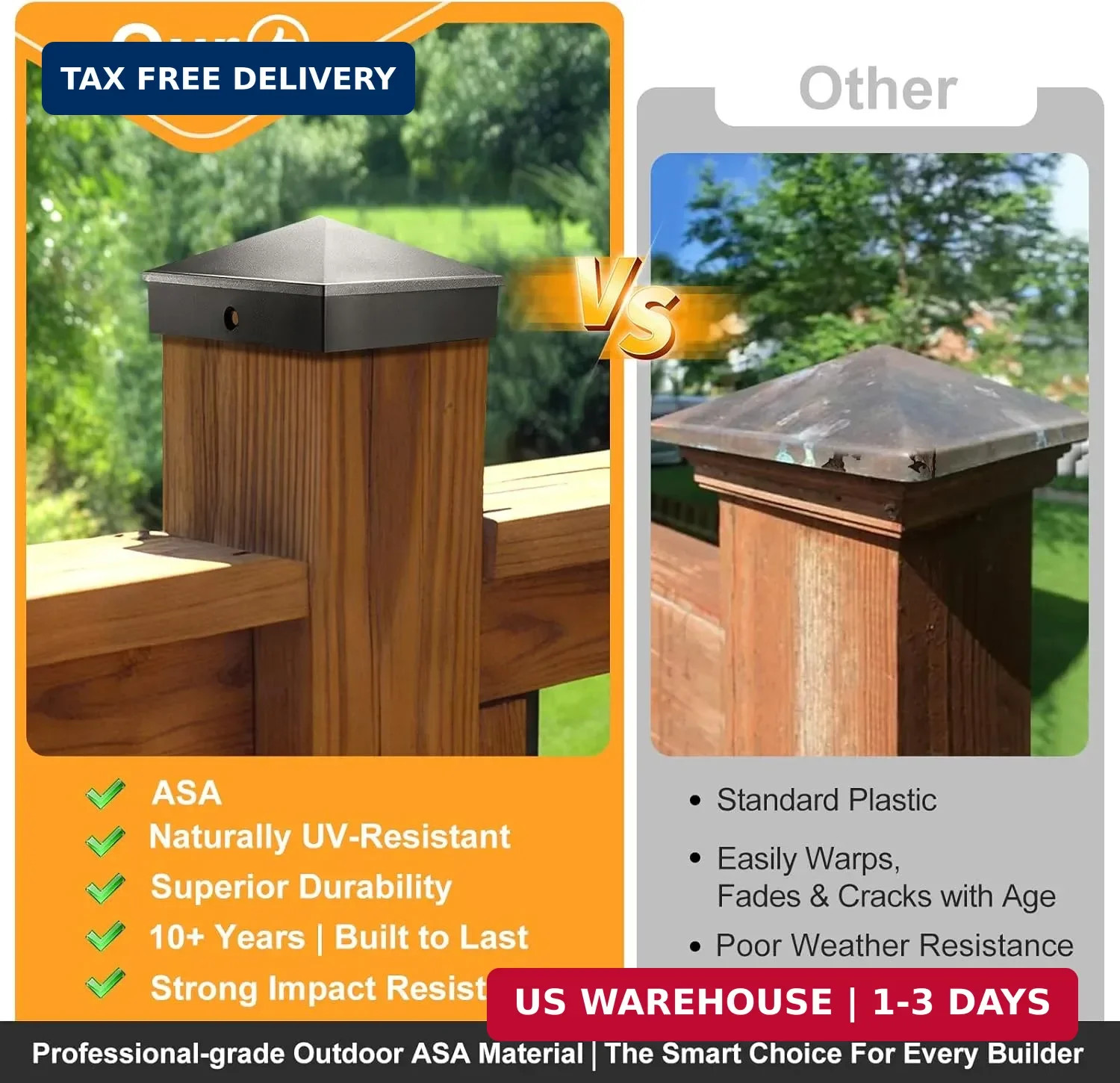4×4 Post Caps Black (Fits 3.5″x3.5″), ASA Material – UV, Fade & Crack Resistant,