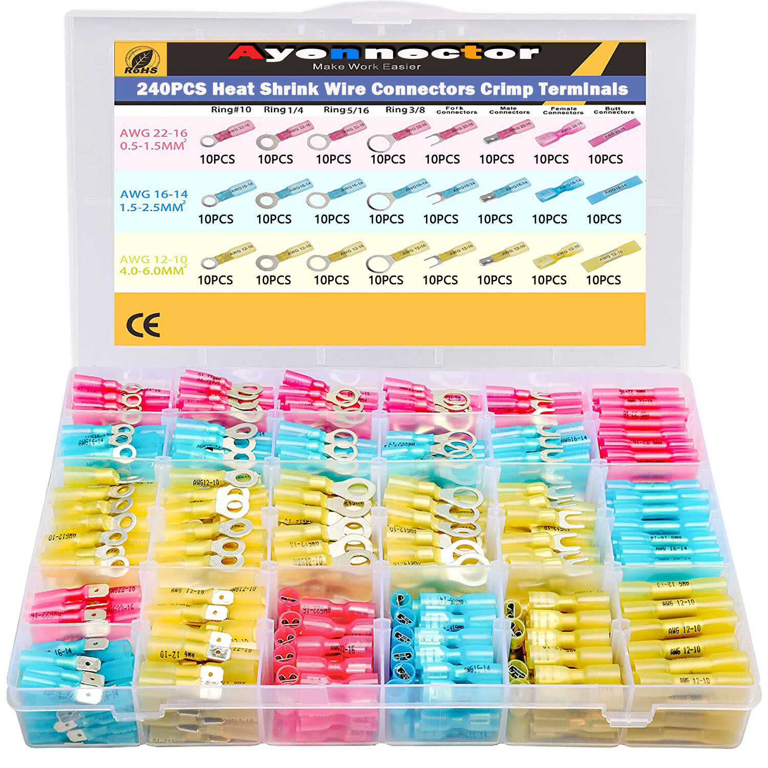 240pcs Waterproof Wire Connectors Heat Shrink Marine Automotive Terminals kit