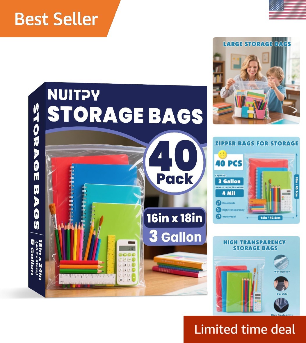 40 Pack Large 3 Gallon Storage Bags with Zipper Top, 16 x 18 inch Zipper Bags…