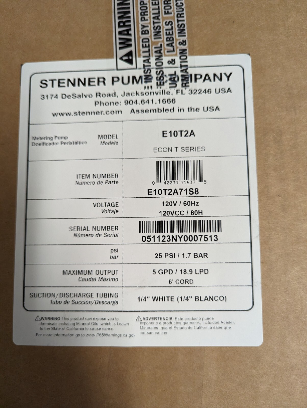 Stenner Econ T Low Dose Peristaltic Metering Timer Pump E10T2A 5GPM