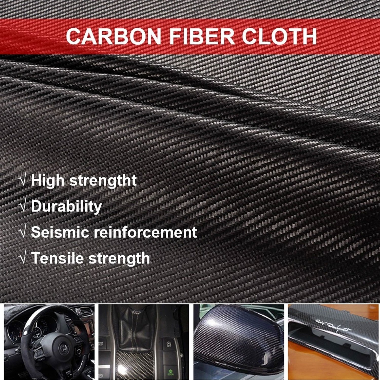 150cm x 20cm Real Carbon Fiber Fabric Cloth Roll 3k 200gsm 2×2 Twill Weave Black