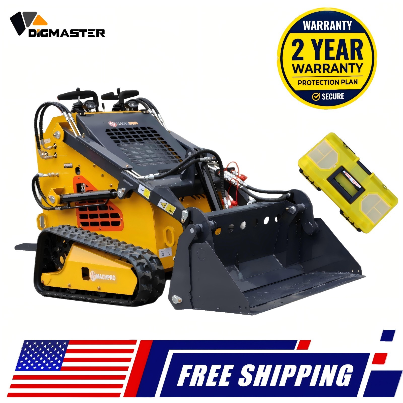 V380 Mini Skid Steer Loader 24HP 4-in-1 Bucket 3-Stage Pump Hydraulic System