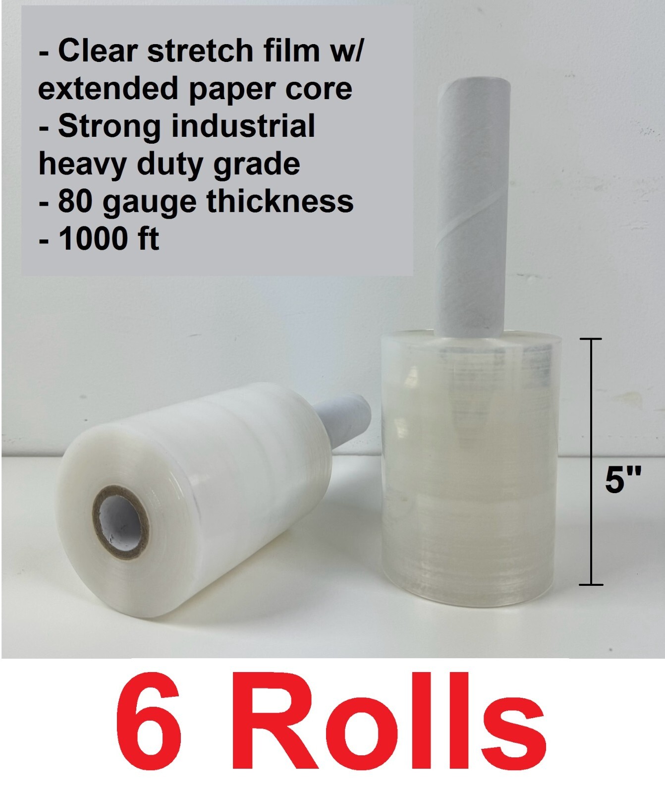 6 Rolls 5″ x 1000′, Heavy Duty 80gauge mini stretch wrap film with paper handle