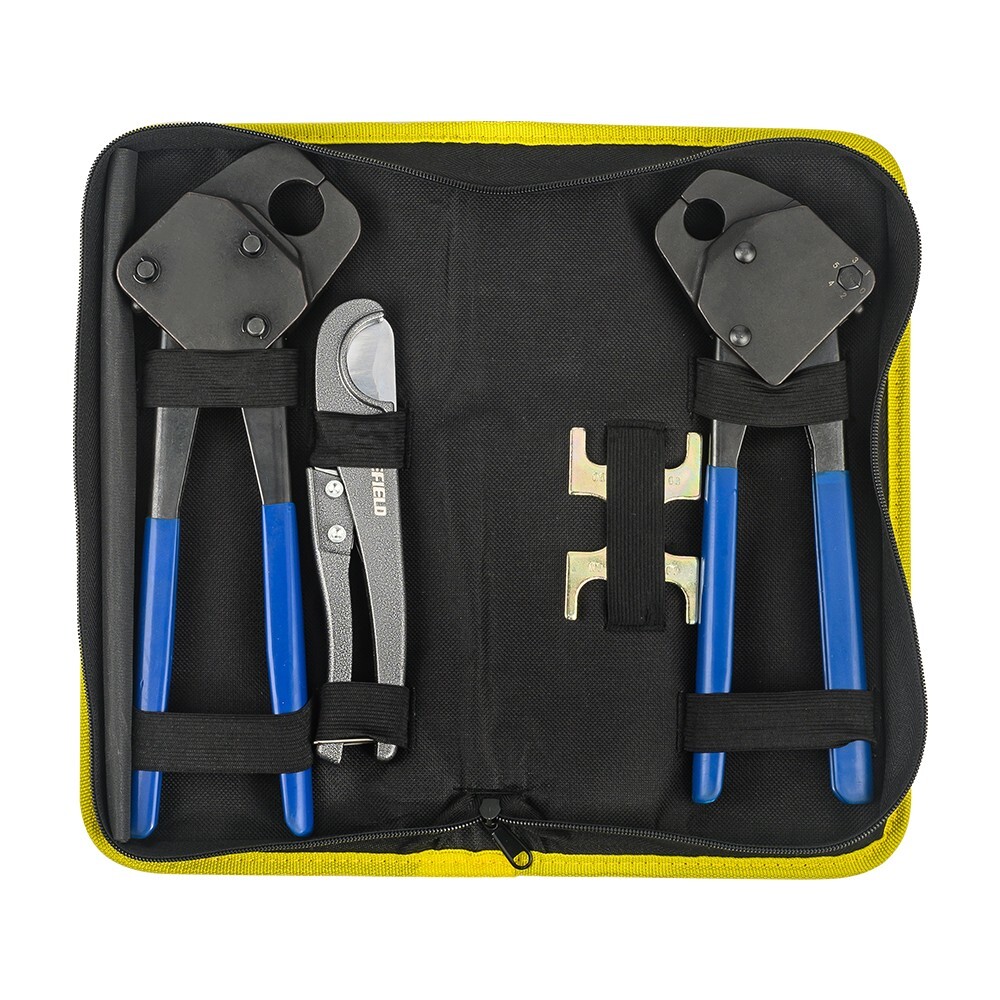 EFIELD Angle Head PEX Crimping Tool for 1/2″ & 3/4″ PEX Copper Rings w/h Cutters