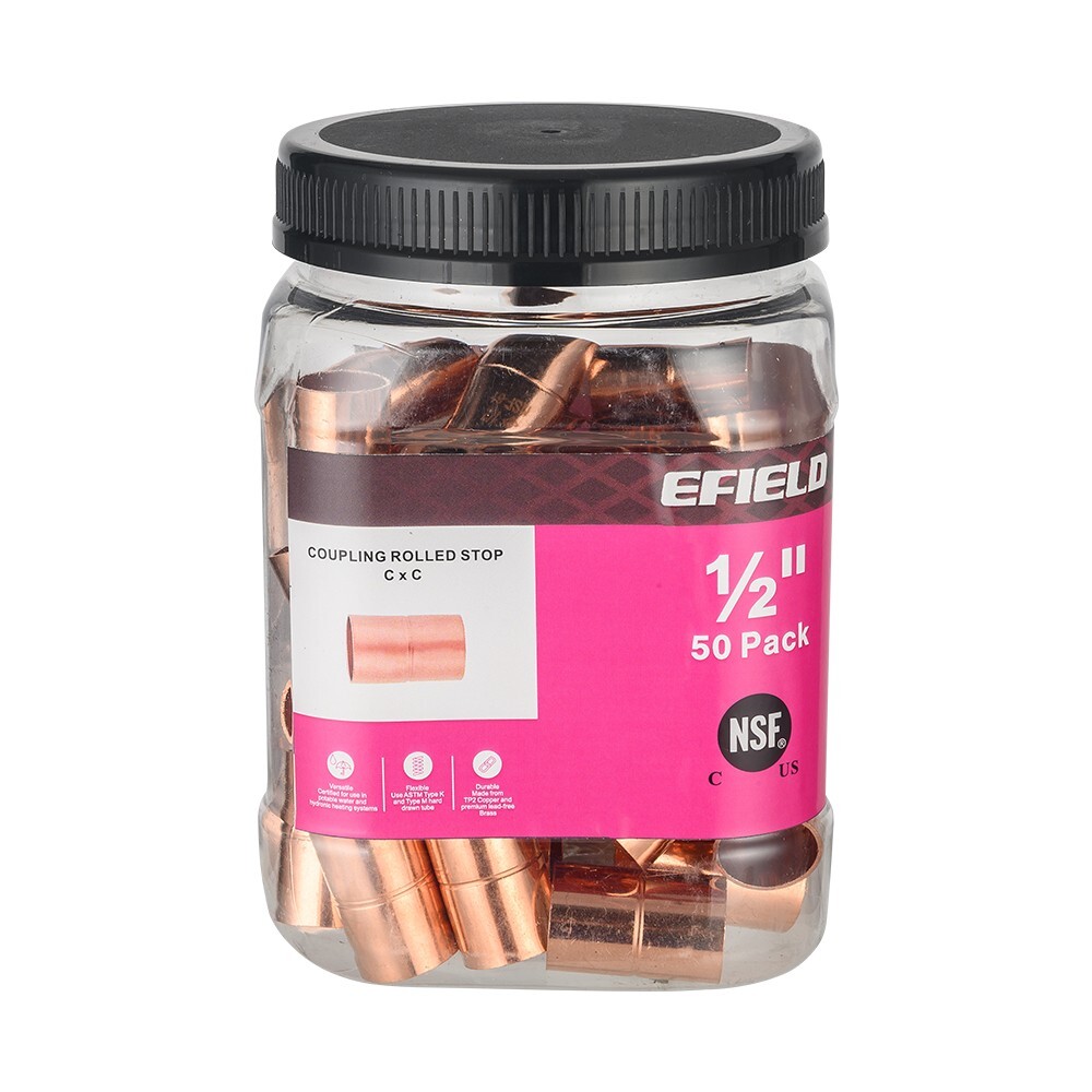 50 PCS EFIELD 1/2″ C X C Copper Coupling With Rolled Stop, Lead Free, Pro Pack