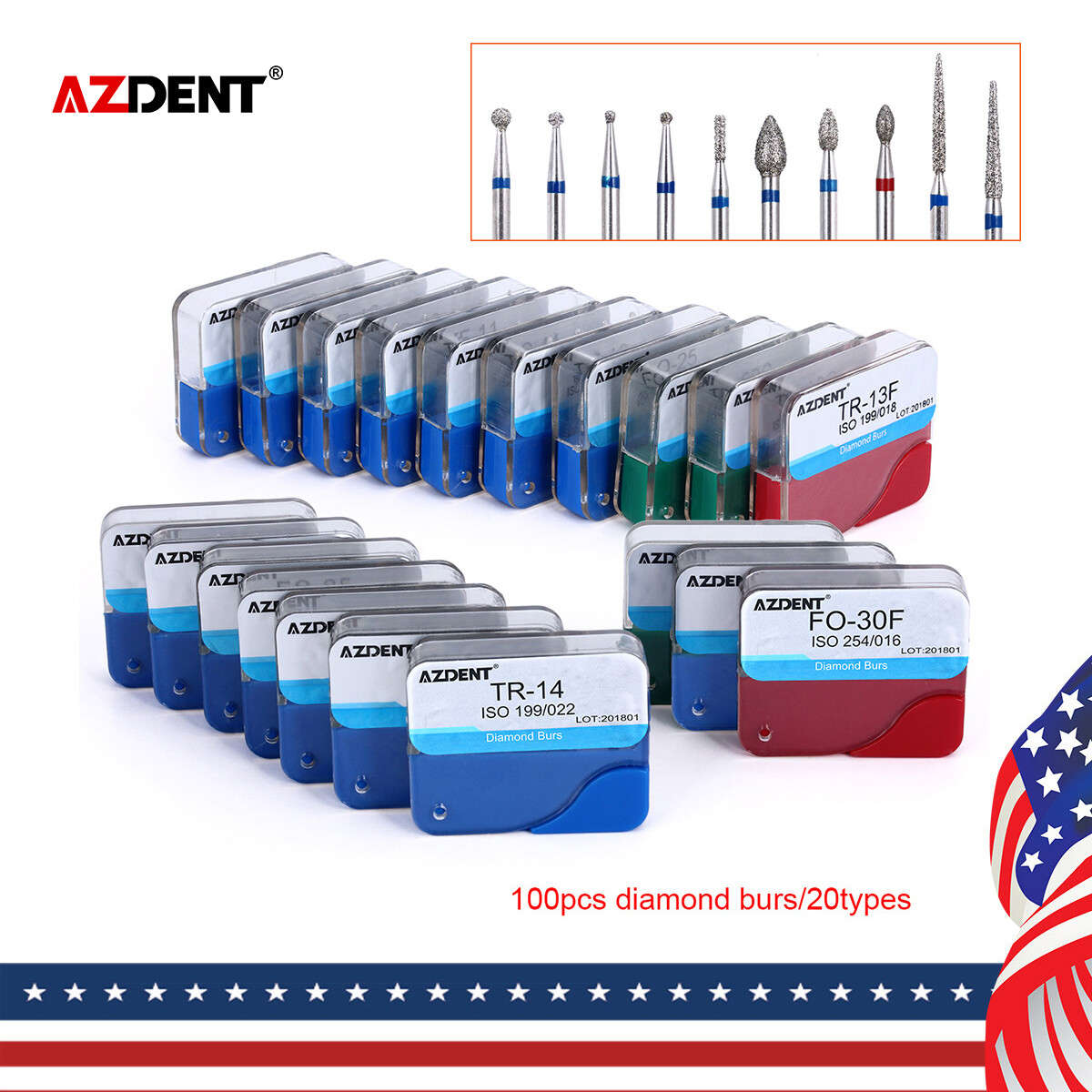 100 Pzas Dental Fresas Dentales de Diamante FG Mezclado 20 Tamaño AZDENT 5pc/Box